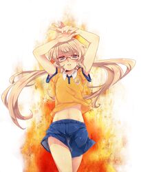  androgynous arms_up blue_eyes fire fusion glasses inazuma_eleven inazuma_eleven_(series) inazuma_eleven_go inazuma_eleven_go_chrono_stone jeanne_d'arc_(inazuma_eleven) kirino_ranmaru lightning_bolt long_hair male midriff navel raimon shorts soccer_uniform solo tobi_(one) very_long_hair white_background 
