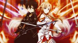  black_eyes brown_hair ivansahn kirigaya_kazuto long_hair short_hair skirt sword sword_art_online weapon yuuki_asuna 