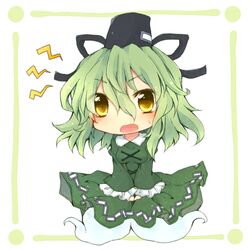  1girl chibi dress fuuen_(akagaminanoka) ghost_tail green_dress green_hair hat long_hair multiple_tails open_mouth soga_no_tojiko solo tail tate_eboshi touhou yellow_eyes 