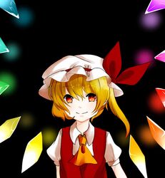  ascot blonde_hair blush crystal flandre_scarlet hat hat_ribbon koinoou_seiryuu puffy_sleeves red_eyes ribbon short_hair short_sleeves side_ponytail smile solo touhou wings 