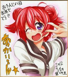  akaza_akari blue_eyes double_bun highres open_mouth red_hair redhead school_uniform serafuku shikishi solo traditional_media uousa wink yuru_yuri 