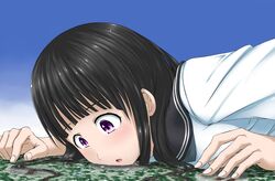  absurdres black_hair chitanda_eru city curious destruction giantess highres hyouka long_hair purple_eyes school_uniform serafuku terada_ochiko violet_eyes 