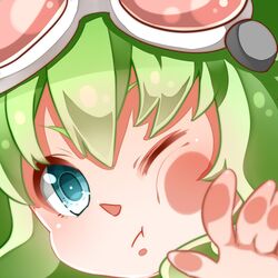  against_glass close-up face fourth_wall green_eyes green_hair gumi looking_at_viewer nou short_hair solo vocaloid wince 