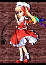  amemiya_ruki blonde_hair bloomers bow crystal flandre_scarlet hair_bow hat laevatein puffy_sleeves red_eyes short_sleeves side_ponytail solo touhou weapon wings 