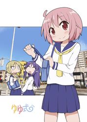  3girls blonde_hair blush hinata_yukari ichii_yui long_hair miyako_hito multiple_girls nonohara_yuzuko open_mouth pink_eyes pink_hair purple_hair school_uniform serafuku skirt smile twintails yuyushiki 
