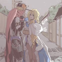 1boy 1girl blonde_hair blue_eyes blush bodysuit bucket couple gloves hjm kyoukaisenjou_no_horizon long_hair mary_stuart pantyhose scar scarf smile solo tenzou_crossunite towel