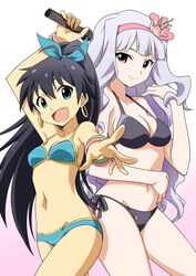  akou_roushi aqua_eyes bikini black_hair bracelet breasts character_request cleavage earrings fang flower ganaha_hibiki hair_flower hair_ornament hair_ribbon hairband highres idolmaster jewelry long_hair microphone multiple_girls navel open_mouth pink_eyes ponytail ribbon shijou_takane side-tie_bikini silver_hair smile swimsuit 