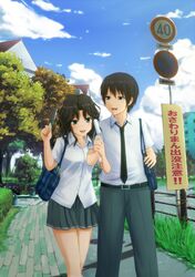  1girl amagami bag black_hair green_eyes highres necktie oruna popsicle road_sign school_bag school_uniform sidewalk sign sky tachibana_jun'ichi tachibana_jun'ichi tanamachi_kaoru tree 