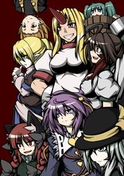  absurdres animal_ears blonde_hair blue_eyes braid brown_hair bucket cat_ears green_eyes green_hair hat highres horn hoshiguma_yuugi in_bucket in_container kaenbyou_rin kisume komeiji_koishi komeiji_satori kurodani_yamame long_hair mizuhashi_parsee multiple_girls naginami open_mouth purple_eyes purple_hair red_eyes red_hair redhead reiuji_utsuho simple_background smile subterranean_animism touhou violet_eyes yellow_eyes 