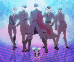  5boys dog hat iggy_(jojo) jean_pierre_polnareff jinglus4122 jojo_no_kimyou_na_bouken joseph_joestar kakyouin_noriaki kuujou_joutarou military military_uniform mohammed_avdol multiple_boys uniform 