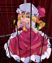  ascot blonde_hair blush crystal flandre_scarlet hat hat_ribbon highres orange_eyes puffy_sleeves ribbon short_hair short_sleeves side_ponytail solo tongue touhou wings 