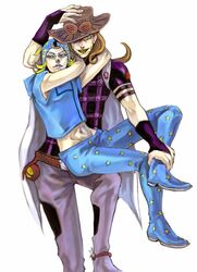  2boys blonde_hair blue_eyes brown_hair cape green_eyes grin gyro_zeppeli hat hoodie johnny_joestar jojo_no_kimyou_na_bouken korinko_136 long_hair multiple_boys smile steel_ball_run 