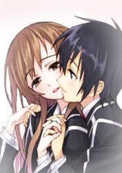  1boy 1girl asuna_(sao) black_eyes black_hair blush brown_eyes brown_hair couple kirito long_hair long_sleeves matsuryuu school_uniform short_hair sword_art_online 