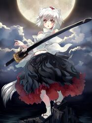  animal_ears bare_shoulders brown_eyes detached_sleeves geta hat highres inubashiri_momiji ken_(coffee_michikusa) moon scabbard sheath sheathed short_hair skirt solo sword tabi tail tokin_hat touhou weapon white_hair wolf_ears wolf_tail 