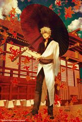  birthday boots dated gintama highres japanese_clothes leaf maple_leaf parasol sakata_gintoki solo squip umbrella white_hair 