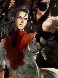  black_eyes black_hair blood formal fullmetal_alchemist highres male necktie ponytail solf_j_kimblee solo squip suit white_suit 