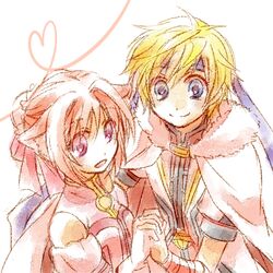  1girl animal_ears bandage bandages bare_shoulders blonde_hair blue_eyes cape dog_days dog_ears elbow_gloves gloves hair_bun hand_holding headband heart holding_hands homare0529 millhiore_f_biscotti open_mouth pink_hair purple_eyes shinku_izumi short_hair violet_eyes white_background 