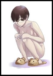  brown_eyes brown_hair glasses hands_on_knees inu_(aerodog) looking_at_viewer nude original short_hair slippers solo squatting 