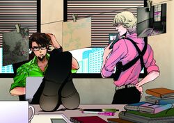  bad_id barnaby_brooks_jr bespectacled blonde_hair brown_eyes brown_hair detective facial_hair foreshortening glasses green_eyes kaburagi_t_kotetsu multiple_boys police shoes stubble tiger_&amp;_bunny twrico what_if 