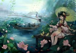  1girl artist_request bird black_eyes black_hair boat bridge fishing flower highres karas_5812 leaf long_hair lotus original short_hair sitting sleeping traditional_clothes 