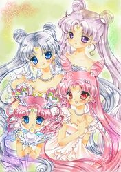  bare_shoulders bishoujo_senshi_sailor_moon blue_eyes blush chibi_chibi chibi_usa crescent drill_hair earrings facial_mark forehead_mark hair_ornament hairpin jewelry koyoshi_usagi long_hair multiple_girls necklace pink_hair princess_serenity queen_serenity red_eyes sailor_cosmos shoukichi_usagi small_lady_serenity smile tsukino_usagi twin_drills twintails wand white_hair 