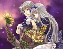  1girl apron axis_powers_hetalia belarus_(hetalia) blue_eyes bow brother_and_sister coat dress flower gloves hair_bow hair_ribbon hug hug_from_behind kaga long_hair ribbon russia_(hetalia) short_hair siblings sunflower 