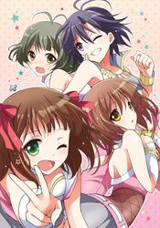  3girls akizuki_ryou amami_haruka bare_shoulders brown_eyes brown_hair character_request green_eyes green_hair hagiwara_yukiho idolmaster jewelry kikuchi_makoto kurimomo multiple_girls necklace purple_eyes purple_hair skirt trap v violet_eyes wink yellow_eyes 