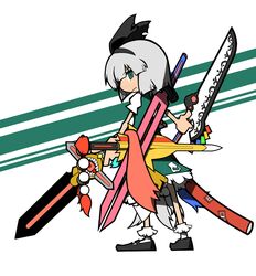  alternate_weapon chankodining_waka dual_wielding green_eyes hair_ribbon hairband highres konpaku_youmu puffy_sleeves ribbon short_hair short_sleeves silver_hair solo sword touhou turning weapon 