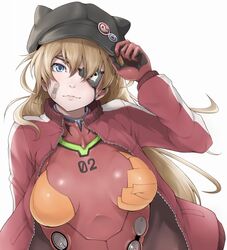  1girl adjusting_hat badge bandaid blue_eyes bodysuit breasts brown_hair evangelion:_3.0_you_can_(not)_redo eyepatch hat ina_(gokihoihoi) long_hair neon_genesis_evangelion open_clothes open_jacket plugsuit rebuild_of_evangelion shikinami_asuka_langley simple_background smile solo souryuu_asuka_langley track_jacket white_background 