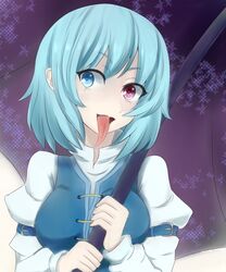  blue_eyes blue_hair breasts bust head_tilt heterochromia highres long_sleeves long_tongue moko_(moko141) open_mouth red_eyes short_hair solo tatara_kogasa tongue tongue_out touhou umbrella 