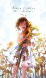  :d ^_^ bare_shoulders brown_eyes closed_eyes dress eyes_closed flower happy_birthday highres holding idolmaster joypyonn kikuchi_makoto open_mouth short_hair smile solo sundress sunflower 