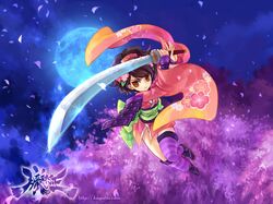  brown_eyes brown_hair full_moon japanese_clothes kaga katana kimono moon obi oboro_muramasa solo sword thigh-highs thighhighs watermark weapon web_address 