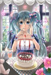  aqua_hair birthday blue_eyes bunny cake character_name flower food hair_ribbon hatsune_miku jewelry long_hair minori_(korifuku) necklace ribbon solo twintails very_long_hair vocaloid 