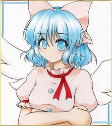  aka_tawashi arm_strap blue_eyes blue_hair bow bust graphite_(medium) hair_bow mai_(touhou) marker_(medium) puffy_short_sleeves puffy_sleeves shikishi short_hair short_sleeves solo touhou traditional_media wings 