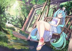  ahoge anklet aqua_hair beek blush_stickers brick_wall closed_eyes dress eyes_closed flower grass hatsune_miku highres jewelry legs long_hair long_legs rope sandals sitting sleeveless sleeveless_dress solo twintails very_long_hair vocaloid wallpaper |_| 