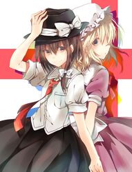  blonde_hair brown_eyes brown_hair hand_on_hat hat hat_ribbon looking_at_viewer maribel_hearn miya_(tsumazukanai) multiple_girls necktie ribbon shirt smile touhou usami_renko white_shirt 