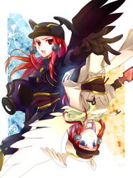  blazblue blue_eyes coat dual_persona hair_tubes hat long_hair outstretched_arm red_eyes red_hair redhead rotational_symmetry teiruzuta tsubaki_yayoi upside-down wings 