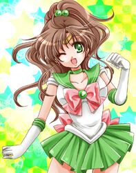  bishoujo_senshi_sailor_moon brown_hair choker dress elbow_gloves gloves green_dress green_eyes hair_bobbles hair_ornament kino_makoto long_hair lowres magical_girl pleated_skirt ponytail sailor_collar sailor_jupiter shirataki_kaiseki skirt smile solo star starry_background white_gloves wink 