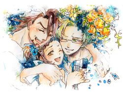  2boys barnaby_brooks_jr blonde_hair brown_eyes brown_hair facial_hair family father_and_daughter flower glasses green_eyes hair_ornament hairclip happy kaburagi_kaede kaburagi_t_kotetsu multiple_boys ogiko side_ponytail stubble tiger_&amp;_bunny traditional_media watercolor_(medium) wink 