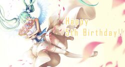  aqua_eyes birthday bouquet darkers dress floating_hair flower green_hair hatsune_miku headphones highres solo thigh-highs thighhighs twintails vocaloid wings 