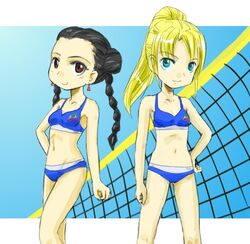  2girls bare_shoulders beach_volleyball bikini black_hair blonde_hair blue_bikini blue_eyes braid brown_eyes double_bun duo hand_on_hip midriff multiple_girls nakroom navel pai_chan players ponytail sarah_bryant sportswear swimsuit team twin_braids virtua_fighter volleyball_net 