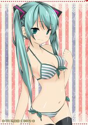  1girl absurdres bikini green_eyes green_hair hatsune_miku highres long_hair navel solo striped striped_background striped_bikini striped_swimsuit swimsuit thigh-highs twintails vocaloid 
