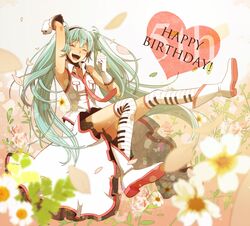  778-go armpits boots closed_eyes flower gloves green_hair happy_birthday hatsune_miku headset long_hair necktie piano_keys print_legwear solo thigh-highs thighhighs twintails very_long_hair vocaloid 