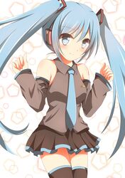  1girl absurdres aqua_eyes aqua_hair blush detached_sleeves hatsune_miku headphones highres kuroganeruto long_hair necktie skirt smile solo thigh-highs twintails vocaloid 
