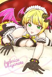  breasts center_opening character_name cleavage corset dress gloves green_eyes headdress idolmaster idolmaster_cinderella_girls miyamoto_frederica short_hair stmp wings 