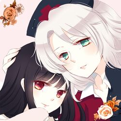  black_hair collarbone cross flower green_eyes hat hime_cut houraisan_kaguya long_hair multiple_girls red_cross red_eyes rose silver_hair smile sui_(camellia) touhou yagokoro_eirin 