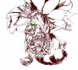  2girls artist_request fingernails futatsuiwa_mamizou glasses green_eyes leaf long_fingernails multiple_girls multiple_tails red_eyes tail touhou yakumo_ran 