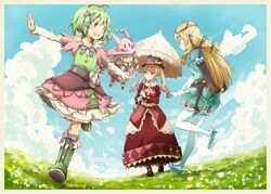  artist_request blonde_hair blue_eyes dolce doll dress green_eyes green_hair hat kohaku_(rune_factory) long_hair margaret_(rune_factory) pico_(rune_factory) pink_hair purple_hair rune_factory rune_factory_4 thigh-highs twintails umbrella 