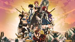  black_legwear blonde_hair boots breasts charle_(fairy_tail) cleavage crossed_arms eclair_(fairy_tail) elbow_gloves erza_scarlet everyone fairy_tail gajeel_redfox gauntlets gloves gray_fullbuster group happy_(fairy_tail) highres lucy_heartfilia mashima_hiro miniskirt multiple_boys multiple_girls natsu_dragneel official_art pantherlily ponytail red_hair sitting skirt spiked_hair sword tattoo thighhighs wallpaper watermark weapon wendy_marvell white_legwear zettai_ryouiki 