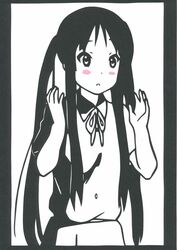  akiyama_mio alternate_hairstyle black_eyes black_hair blush hime_cut k-on! kirigami long_hair monochrome open_mouth school_uniform shy simple_background solo twintails uniform very_long_hair 